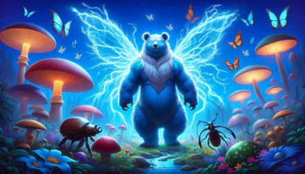 HD desktop wallpaper of a mythical blue bear with glowing blue wings standing in an enchanted forest with oversized mushrooms, butterflies, and insects.