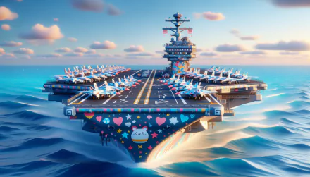 HD desktop wallpaper of a vibrant, animated aircraft carrier adorned with colorful decorations and fighter jets, set against a serene ocean backdrop.