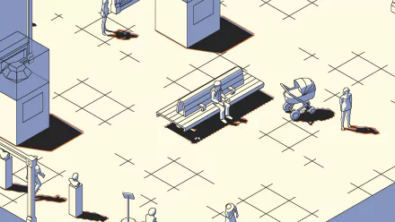 HD desktop wallpaper for the video game SCHiM, featuring an isometric view of a minimalist city scene with various characters and shadows against a clean, grid-like background.