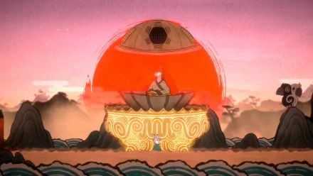 HD desktop wallpaper of Bo: Path of the Teal Lotus, featuring a serene, artistic scene with a character on a golden platform, surrounded by waves and a glowing red sun against a pink sky.