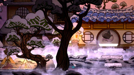 HD desktop wallpaper and background featuring a scene from the video game Bo: Path of the Teal Lotus with artistic Japanese-inspired architecture, misty surroundings, and stylized trees.