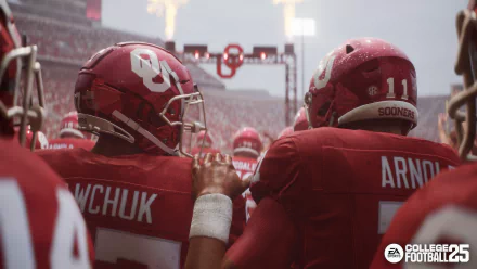 HD wallpaper of EA Sports College Football 25, featuring two football players with helmets and jerseys, standing together on the field with a crowd and stadium backdrop.