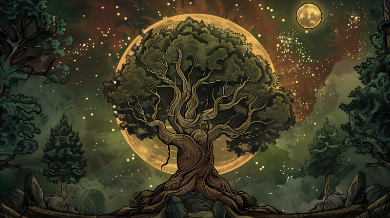 {{ HD desktop wallpaper featuring an illustration of Yggdrasil, the Norse mythological tree, with a tarot-inspired design and a glowing moon in the background. 