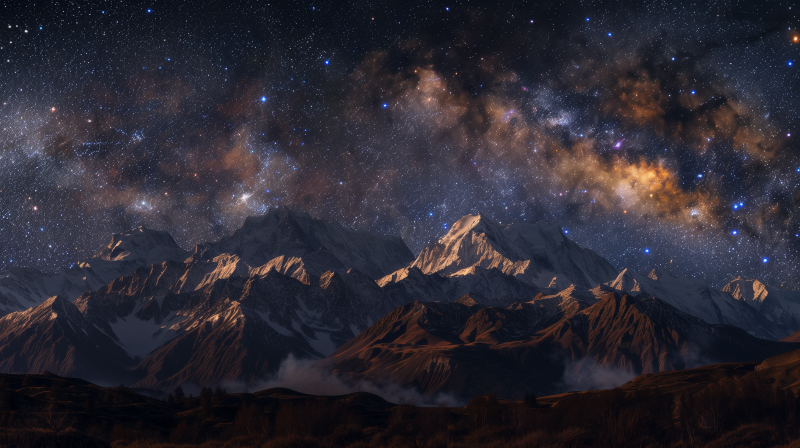 {{ Majestic mountain silhouette under a starry night sky with the Milky Way, captured in high definition for desktop wallpaper. 