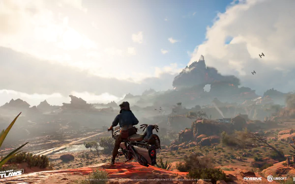HD desktop wallpaper featuring a scene from the video game Star Wars Outlaws, with a character on a speeder bike overlooking a rugged desert landscape under a hazy sky.
