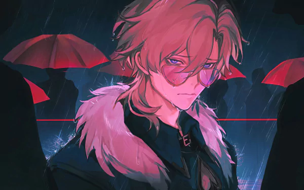 HD wallpaper featuring Aventurine from the video game Honkai: Star Rail, depicted with red hair and an eye patch, standing before a backdrop with red umbrellas and neon lights.
