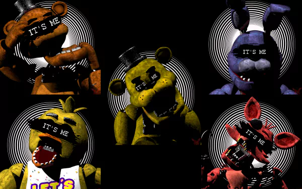 8K Ultra HD wallpaper featuring Freddy, Golden Freddy, and other characters from Five Nights at Freddy's, set against a black background with hypnotic spiral patterns.