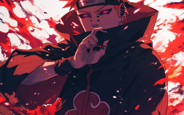 HD wallpaper featuring an intense illustration of Pain from Naruto, showcasing the character's piercing Rinnegan eyes and Akatsuki cloak, set against a dynamic red and black background.