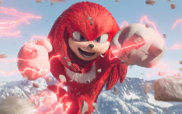 HD wallpaper featuring Knuckles the Echidna from a TV show, depicted with glowing fists, surrounded by energy effects, set against a snowy mountainous backdrop.