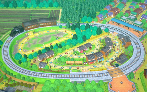 HD desktop wallpaper depicting a vibrant, colorful bird's-eye view of a village with train tracks and lush greenery from the video game Demon Slayer -Kimetsu no Yaiba- Sweep the Board!.