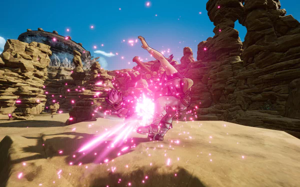 HD wallpaper from the video game Sand Land featuring a character engaged in combat with a bright energy blast effect amidst a desert canyon setting.