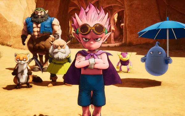 HD desktop wallpaper featuring characters from the video game Sand Land, with a group of stylized, animated characters standing in a desert environment.