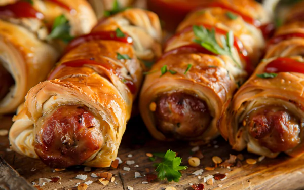 HD desktop wallpaper featuring a close-up view of freshly baked pigs in a blanket garnished with herbs and spices.