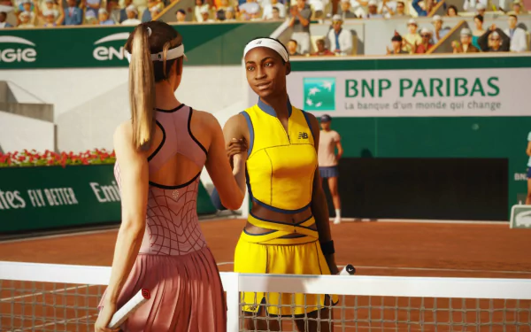 HD desktop wallpaper from TopSpin 2K25 featuring two female tennis players shaking hands on a clay court, with the BNP Paribas logo visible in the background.