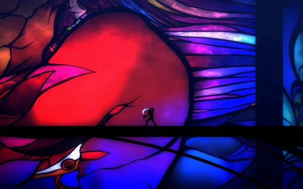 HD desktop wallpaper featuring a vivid, artistic scene from 'El Shaddai: Ascension of the Metatron' with a character traversing a dramatically colored, stylized landscape.