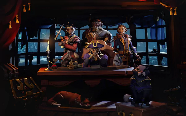 HD wallpaper from Sea of Thieves featuring three pirates and two monkeys inside a dimly lit ship cabin, poised for adventure.