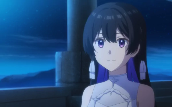 HD wallpaper of an anime character from Unnamed Memory, featuring a young woman with dark hair and purple eyes, standing against a night sky backdrop.
