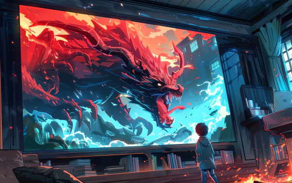 HD desktop wallpaper of a dramatic scene featuring a child watching a fiery, cool monster emerging from a television in a dimly lit room.