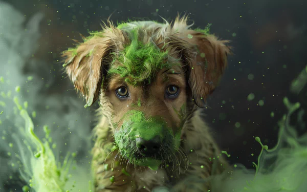 HD desktop wallpaper featuring a curious puppy with green paint on its face against a dark, speckled background.