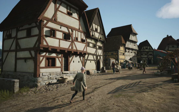HD desktop wallpaper from the video game Manor Lords featuring a medieval village scene with timber-framed houses and villagers walking on a dirt road.