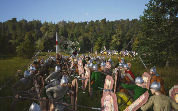 HD desktop wallpaper from the video game Manor Lords, featuring a medieval battle scene with soldiers in armor clashing in a forest.