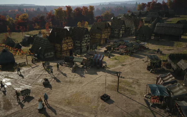 HD wallpaper of a medieval village scene from the video game Manor Lords, showcasing timbered buildings and villagers on a sunlit day.