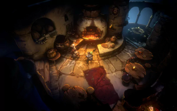 HD wallpaper from the video game No Rest for the Wicked, featuring a dimly lit tavern scene with characters gathered around a hearth.