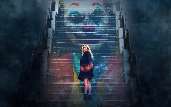 HD desktop wallpaper featuring Lady Gaga on foggy stairs with a colorful mural from the movie Joker: Folie à Deux.