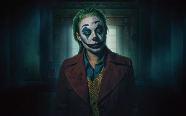 HD wallpaper featuring the Joker from Joker: Folie à Deux with a haunting expression, portrayed by Lady Gaga, set in a dark, moody backdrop.