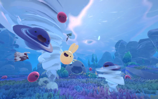 HD desktop wallpaper from Slime Rancher 2 featuring colorful slimes in a whimsical, alien landscape.