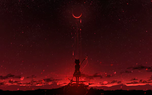 4K Ultra HD anime wallpaper featuring a cool anime girl standing under a glowing blood moon against a starry night sky.