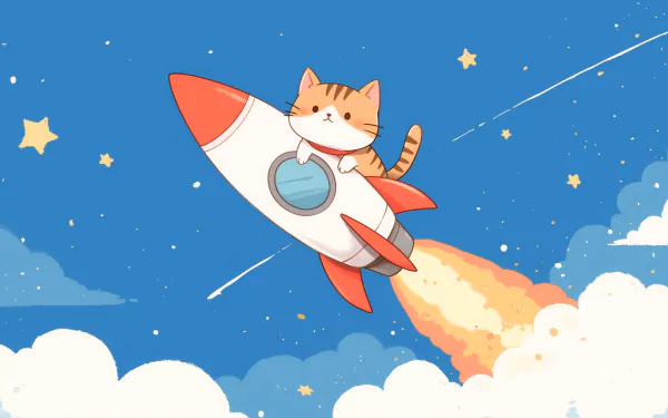 A cute cat rides a rocket through a starry sky, leaving a trail of flames behind. This vibrant image makes for a delightful HD desktop wallpaper.
