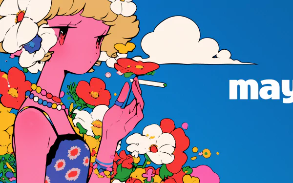 HD desktop wallpaper for May featuring a colorful animated girl with flowers, under a blue sky with the word may in lowercase.