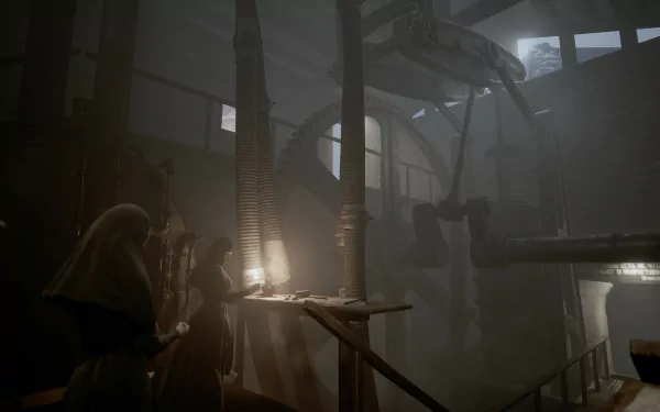 HD wallpaper from the video game Indika featuring a dimly-lit, atmospheric industrial interior with figures examining a work table.