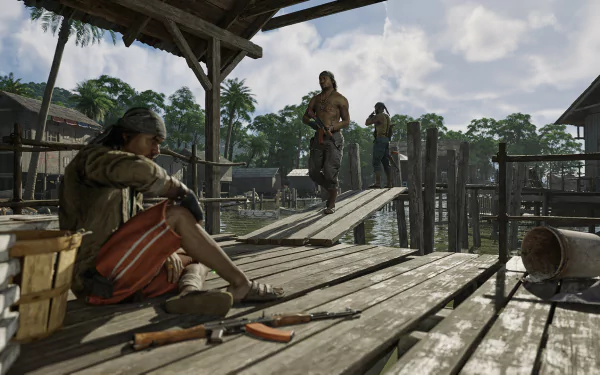 HD desktop wallpaper from the video game Gray Zone Warfare featuring characters on a wooden dock in a tropical setting.