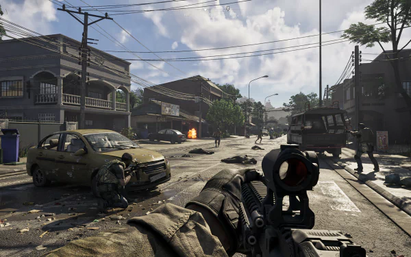HD desktop wallpaper of a scene from the video game Gray Zone Warfare, showing a first-person view in a war-ravaged urban street.