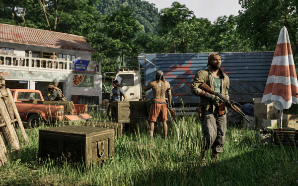 HD desktop wallpaper from the video game Gray Zone Warfare featuring armed characters in a tropical setting with vehicles and military equipment.
