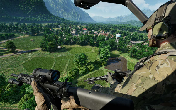 HD desktop wallpaper featuring a first-person view from a helicopter in the video game Gray Zone Warfare, overlooking a lush, mountainous landscape.