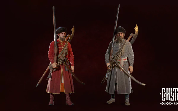 HD desktop wallpaper from the video game Smuta, featuring two characters in historical costumes holding weapons against a dark red background.