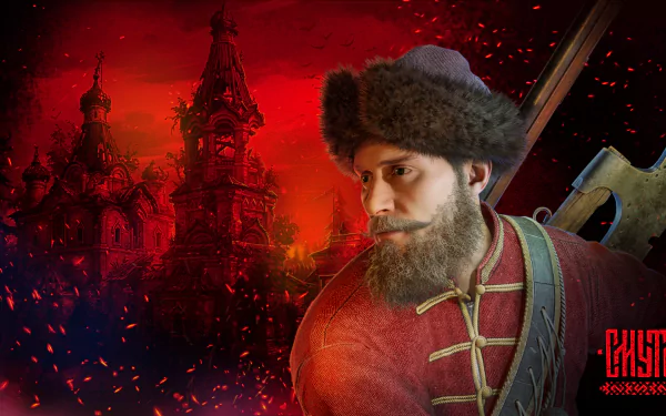 HD desktop wallpaper featuring a character from the video game 'Smuta' set against a vivid red backdrop with intricate architecture.