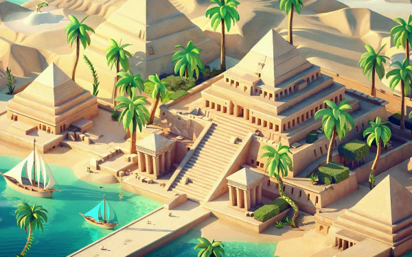Isometric HD wallpaper depicting an ancient Egyptian landscape with pyramids, palm trees, and a river with boats.