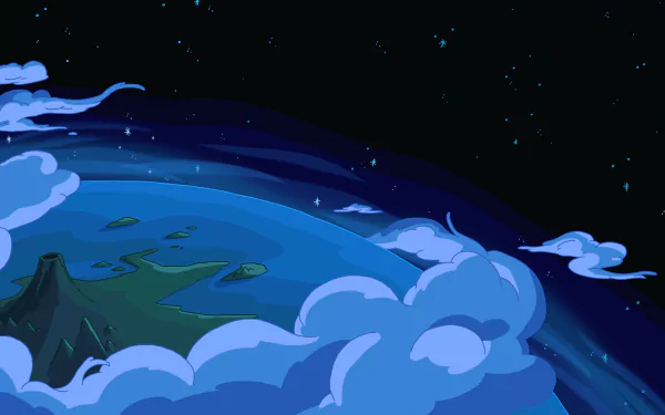 HD desktop wallpaper from Adventure Time, depicting a panoramic view of a mystical landscape with clouds swirling around a central island under a starry sky.