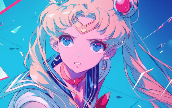 HD wallpaper of Usagi Tsukino from Sailor Moon, featuring a vibrant, colorful illustration of the character set against a dynamic blue background.
