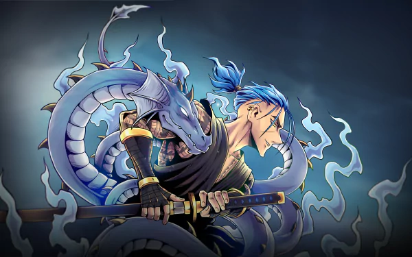 4K Ultra HD esports wallpaper featuring a blue-haired warrior wielding a sword entwined by a dragon, inspired by Leviatán (Esports) and video game themes.