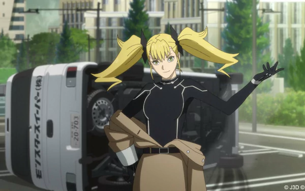 HD desktop wallpaper featuring Kikoru Shinomiya from Kaiju No. 8, standing confidently with a flipped police van behind her.