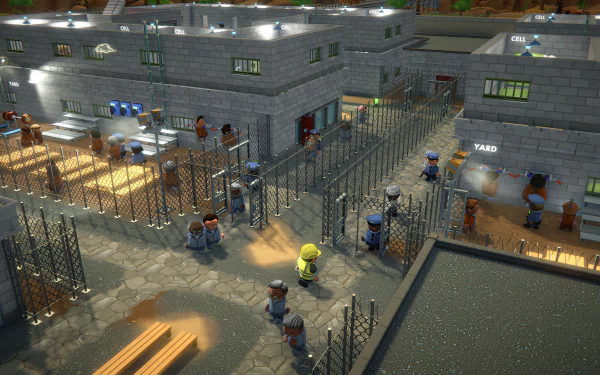HD desktop wallpaper from 'Prison Architect 2' featuring a detailed view of a prison yard with inmates and guards.