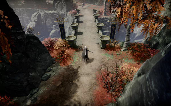 HD desktop wallpaper from the video game V Rising, featuring a character walking on a path flanked by statues and autumnal trees.
