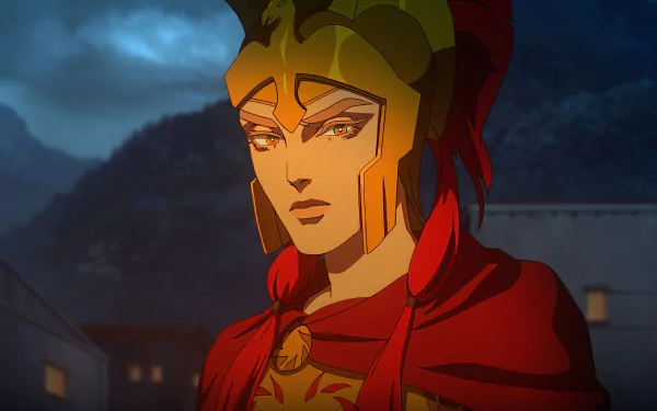 HD wallpaper featuring a character from the anime Blood of Zeus with intense expression, set against a twilight backdrop.