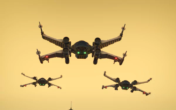 HD desktop wallpaper from LEGO Star Wars: Rebuild the Galaxy, featuring silhouetted LEGO Star Wars spaceships against a golden sky.