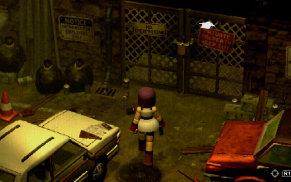 HD desktop wallpaper from the video game Crow Country featuring a character near a cluttered urban area with cars and a gated entrance.